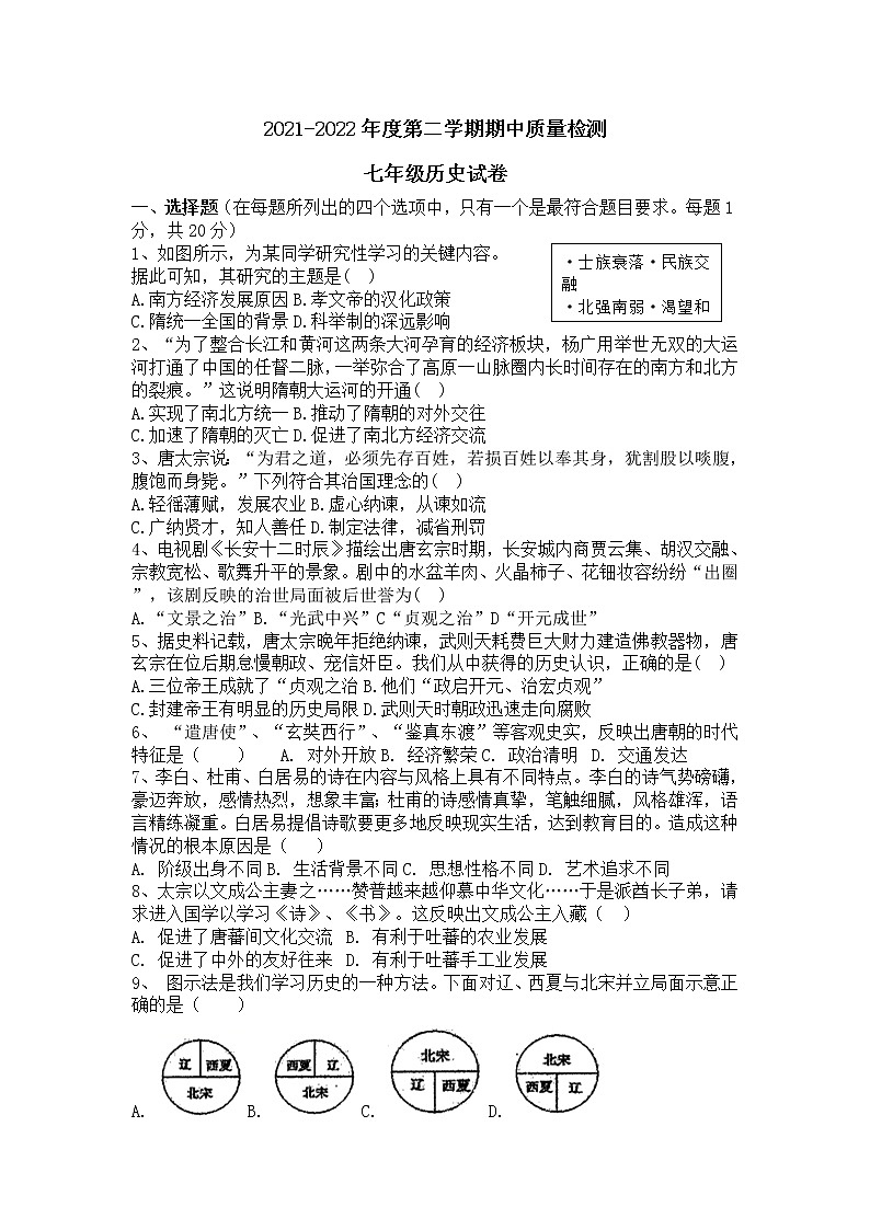 山东省菏泽市郓城县2021-2022学年部编版七年级第二学期期中考试历史试题（含答案）01