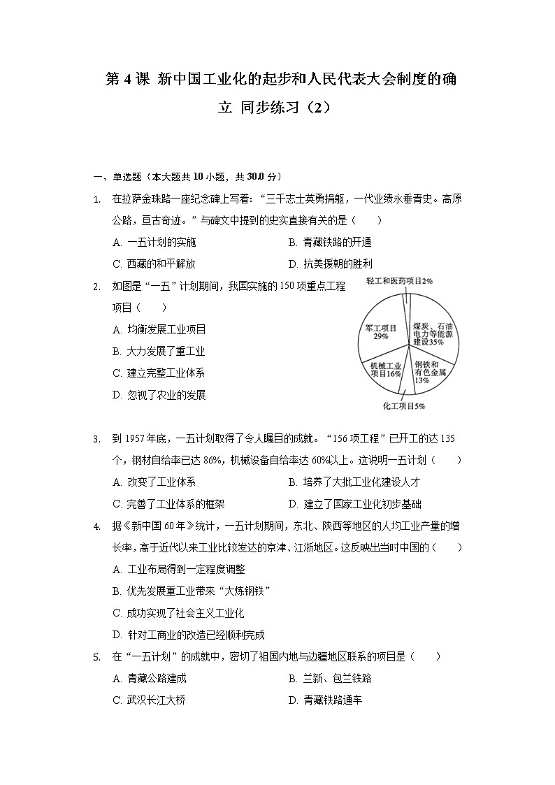 第4课 新中国工业化的起步和人民代表大会制度的确立 同步练习（2）（含解析）01