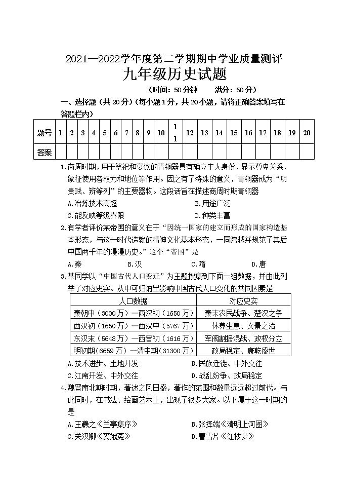 2021—2022学年度第二学期期中测试九年级历史试题第1页