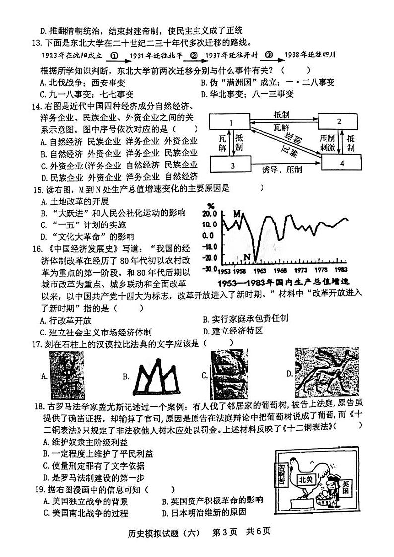 2022年山东省日照市初中学业水平模拟考试历史试题（无答案）03