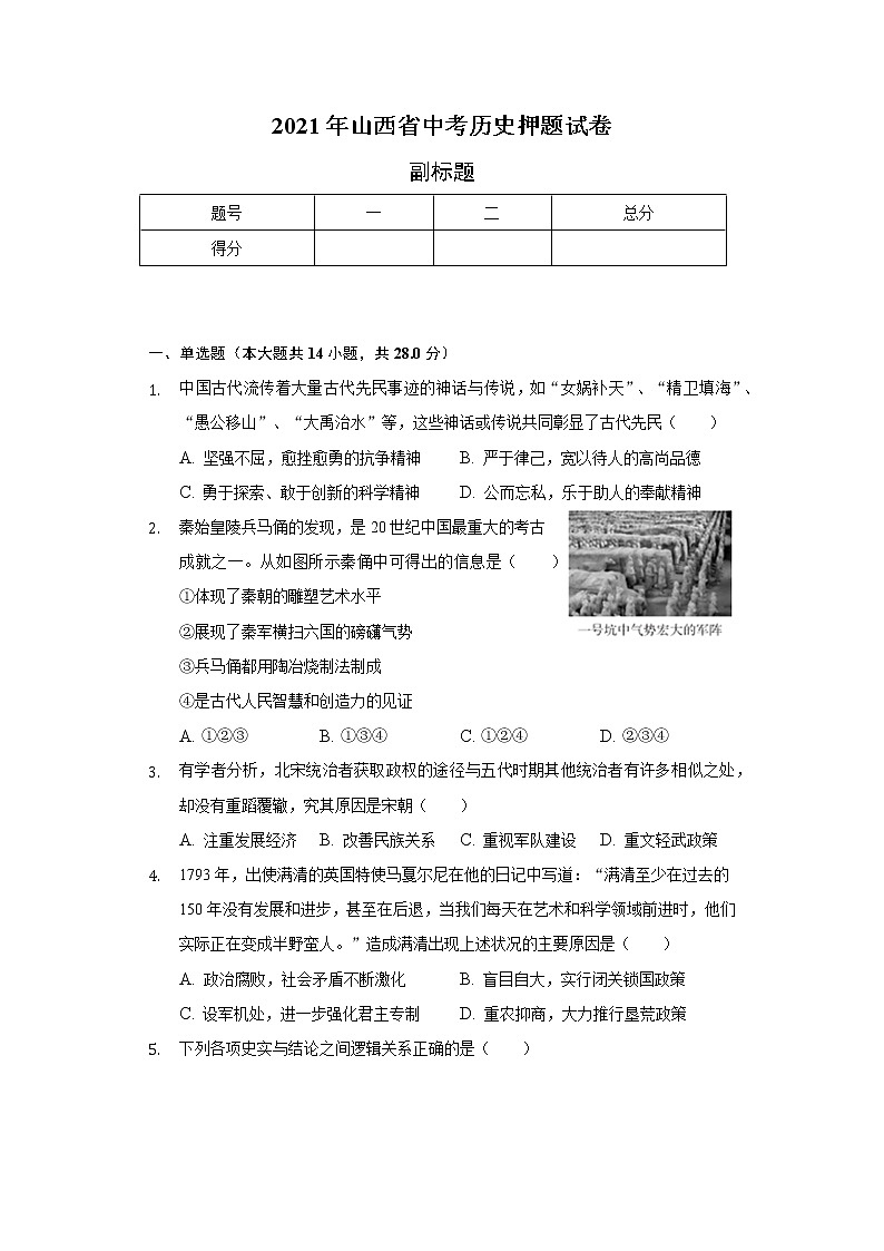 2021年山西省中考历史押题试卷（含解析）01