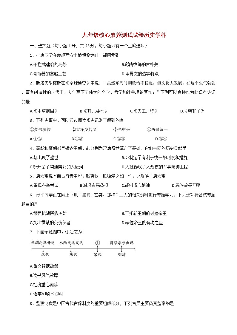 吉林省长春赫行实验学校2022年九年级下学期历史中考模拟试题(word版无答案)01