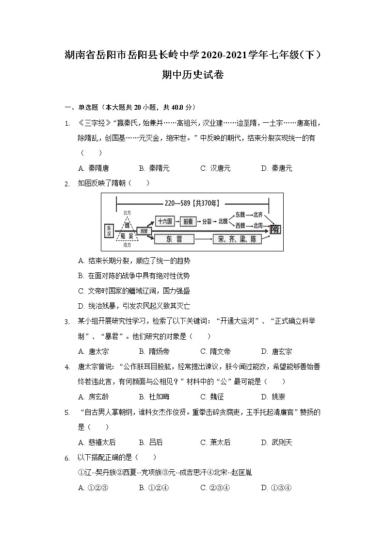 湖南省岳阳市岳阳县长岭中学2020-2021学年七年级（下）期中历史试卷（含解析）01