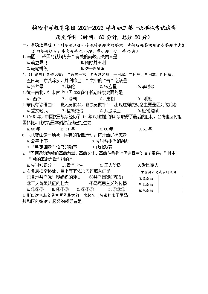 2022年江苏省扬州市梅岭中学教育集团中考一模历史试卷01
