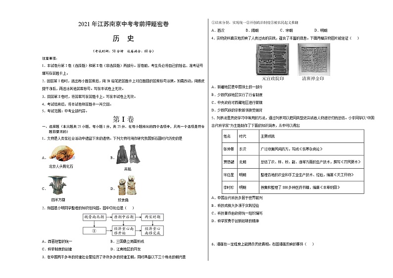 历史-2021年江苏南京中考考前押题密卷（无答案）第1页
