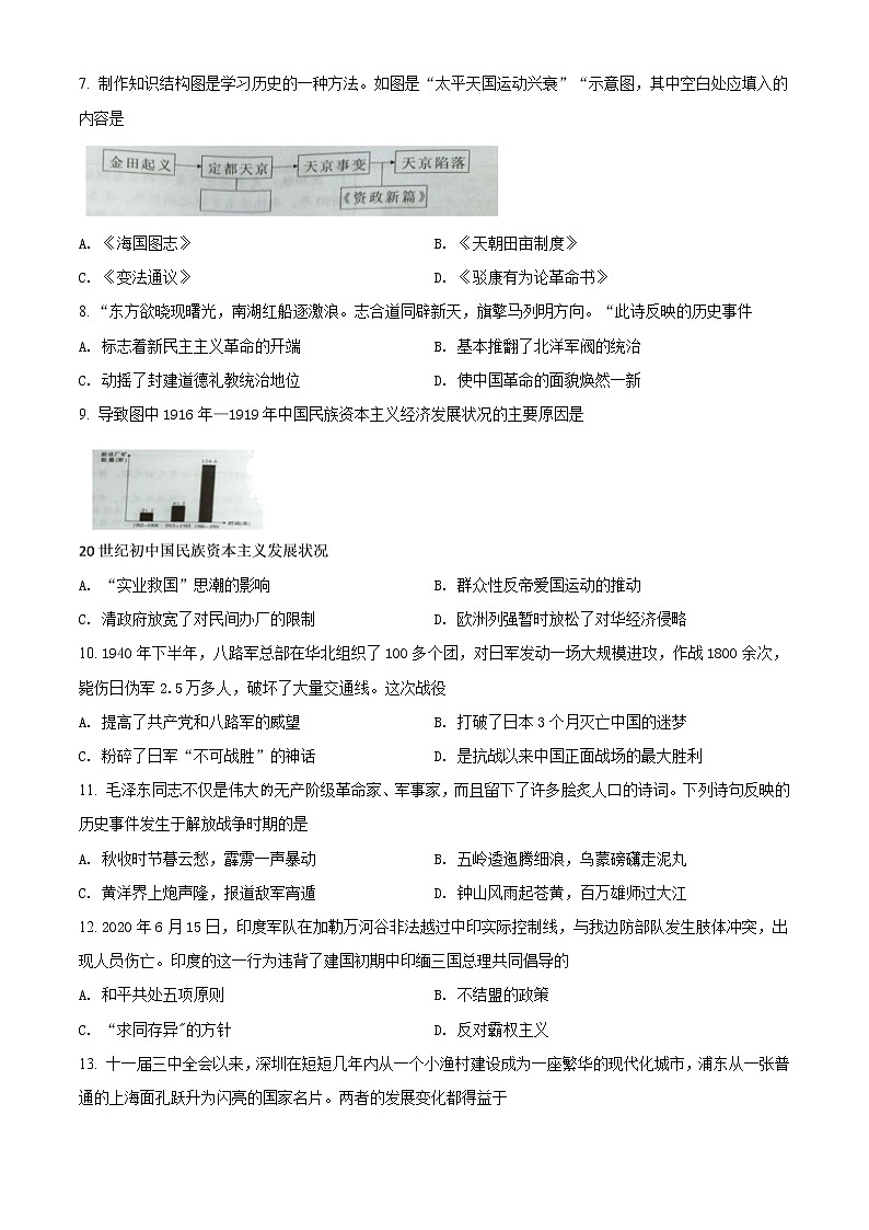 精品解析：湖南省益阳市2020年中考历史试题（原卷+解析）02