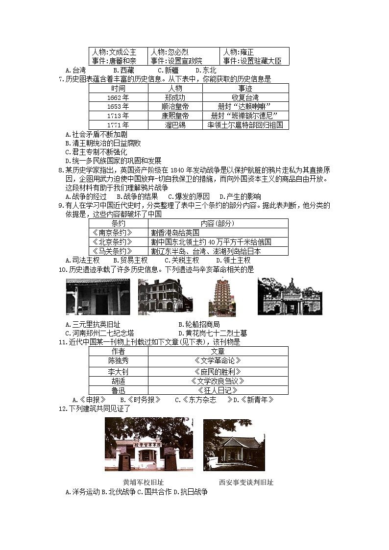2022年天津市河东区初中毕业班学业考试第一次模拟测试历史试题02