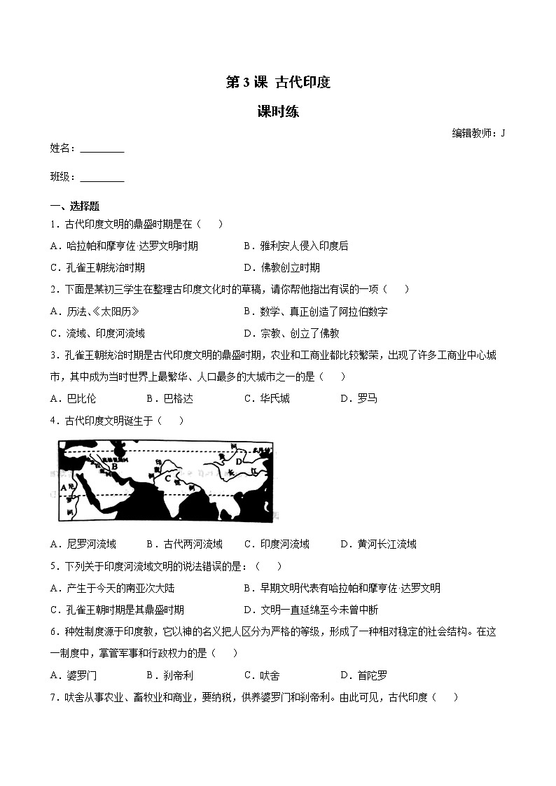 第3课 古代印度 课时练（含答案）01