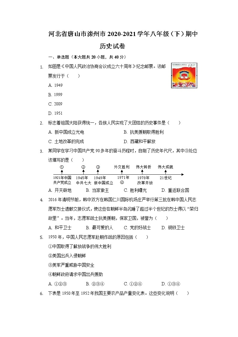 河北省唐山市滦州市2020-2021学年八年级（下）期中历史试卷（含解析）第1页