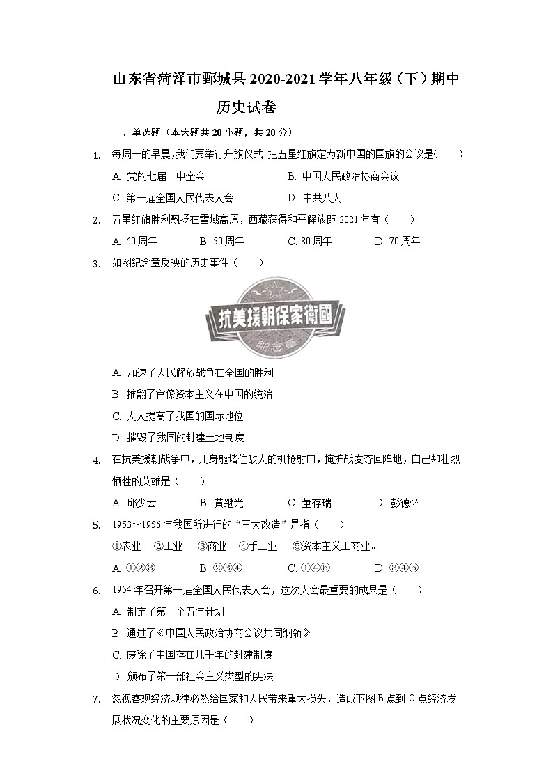 山东省菏泽市鄄城县2020-2021学年八年级（下）期中历史试卷（含解析）01