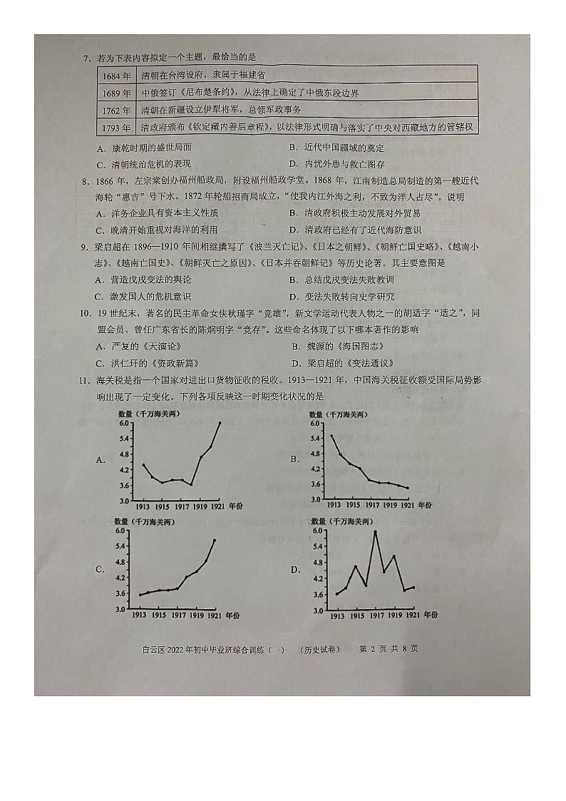 2022年广东省广州市白云区中考一模历史试题02