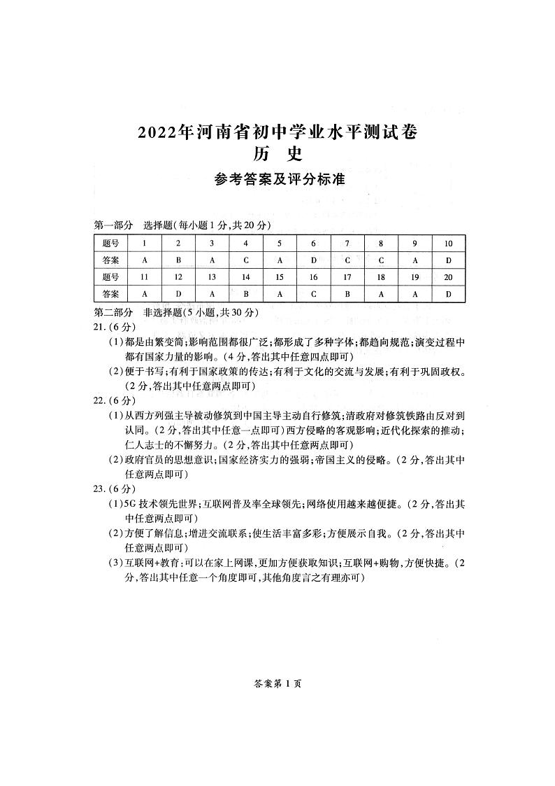 2022年河南省桐柏县九年级初中学业水平测试A（一模）历史试题01