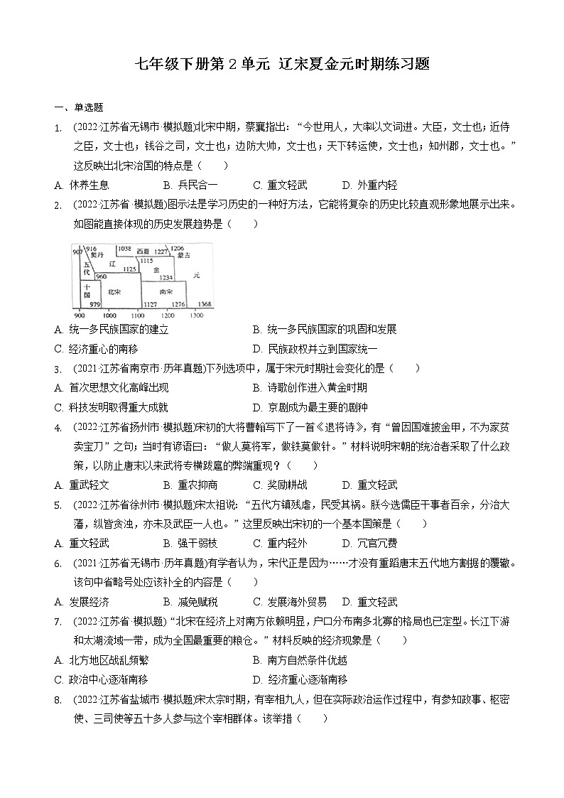 七年级下册第2单元辽宋夏金元时期练习题2022年江苏省各地历史中考模拟题选编01