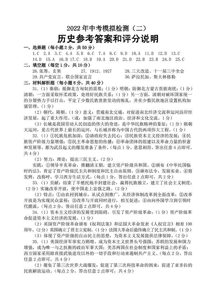 2022年山东省聊城临清市中考二模历史试题01