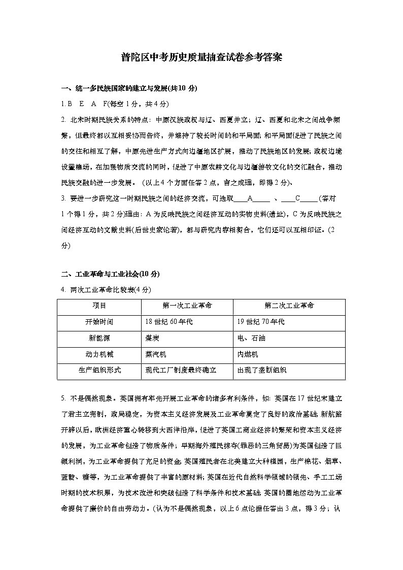 上海市普陀区2021届九年级二模质量监控历史试卷参考答案第1页