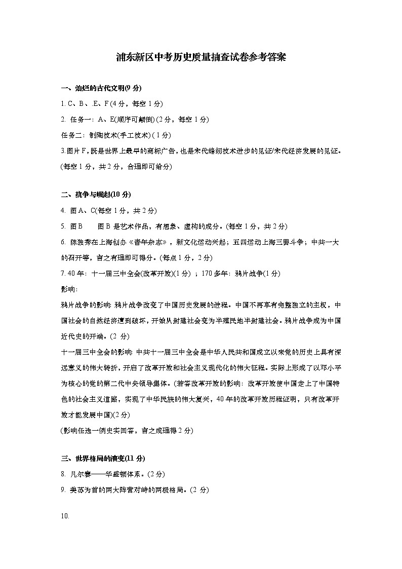 上海市浦东新区2021届九年级二模质量监控历史试卷参考答案第1页
