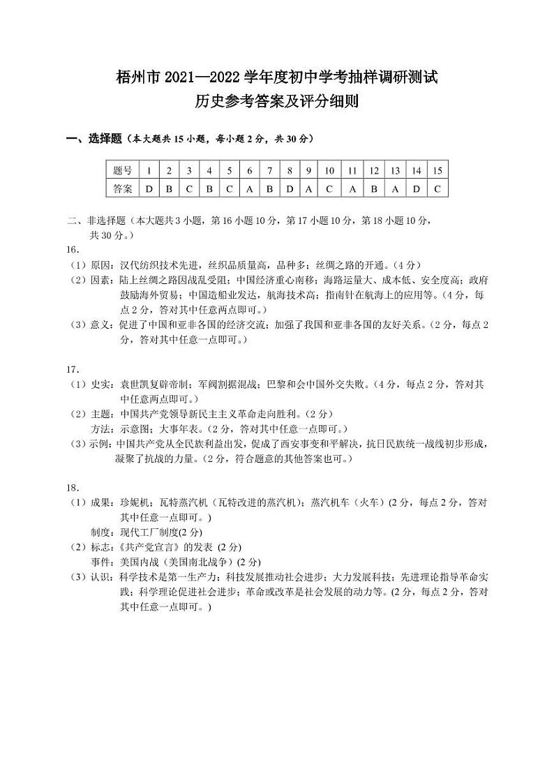 梧州市2021—2022学年度初中学考抽样调研测试（历史答案）第1页