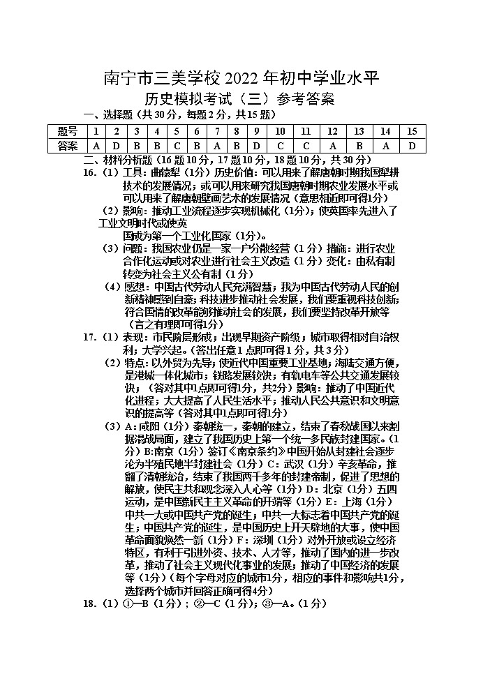 2022年广西南宁市三美学校初中学业水平考试模拟（三）历史试题01