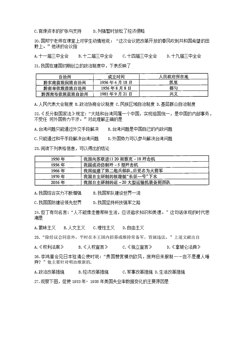 贵州省六盘水市2021-2022学年下学期九年级中考适应性考试文综历史（无答案）练习题第2页