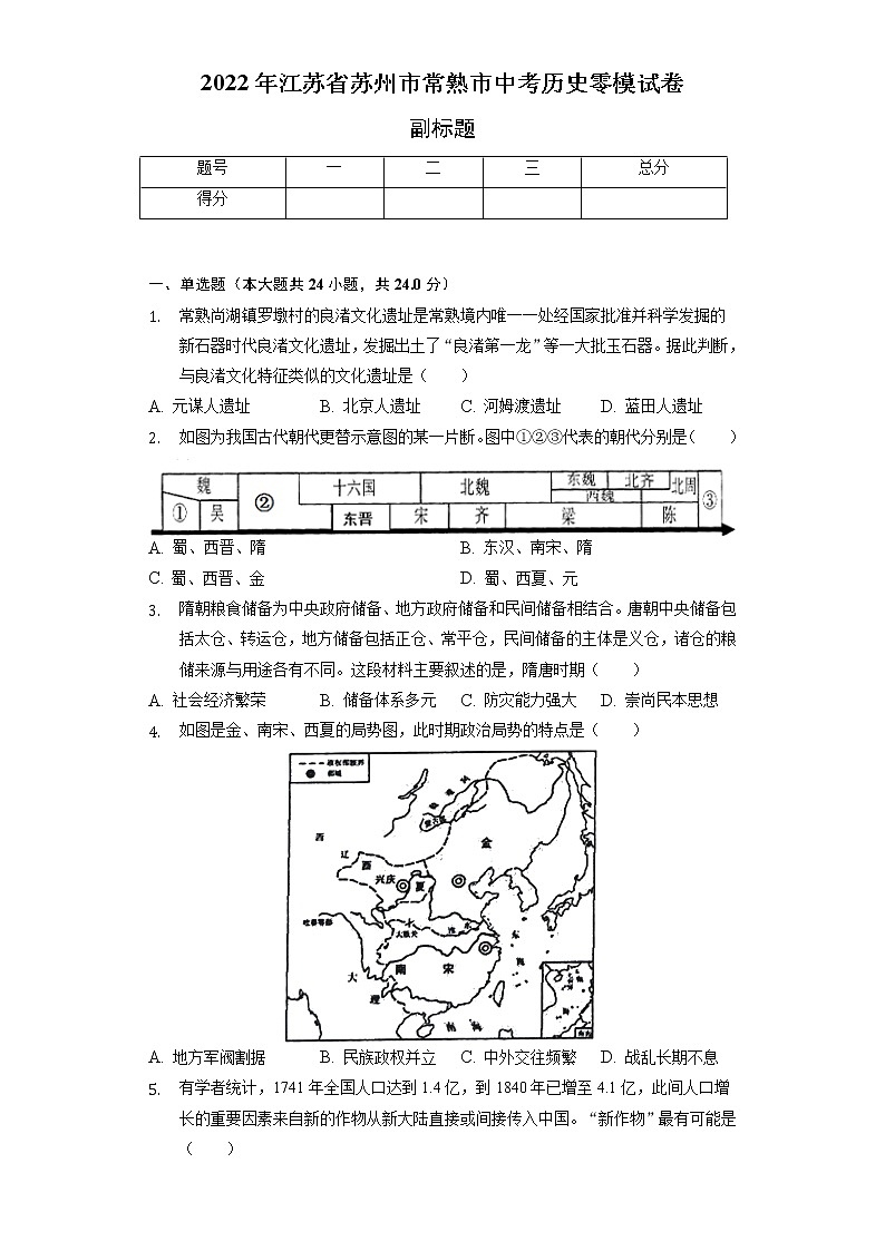 2022年江苏省苏州市常熟市中考历史零模试卷（含解析）第1页