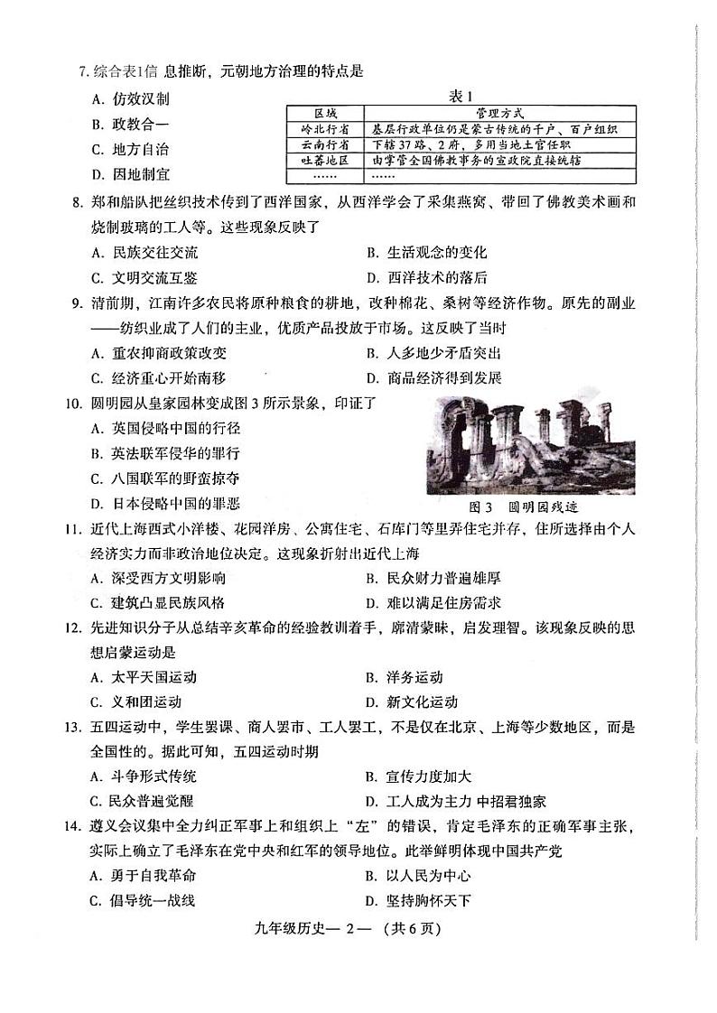 2022年福建省福州市九年级质量抽测（二检）历史试题（有答案）02