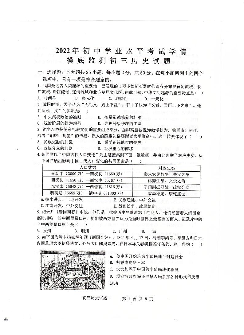 2022年山东省滨州市惠民县中考一模历史试题（无答案）01