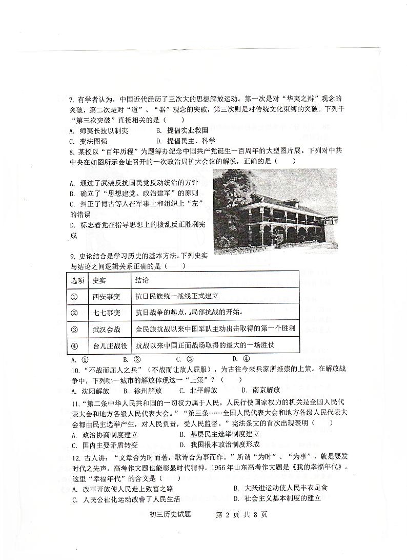 2022年山东省滨州市惠民县中考一模历史试题（无答案）02