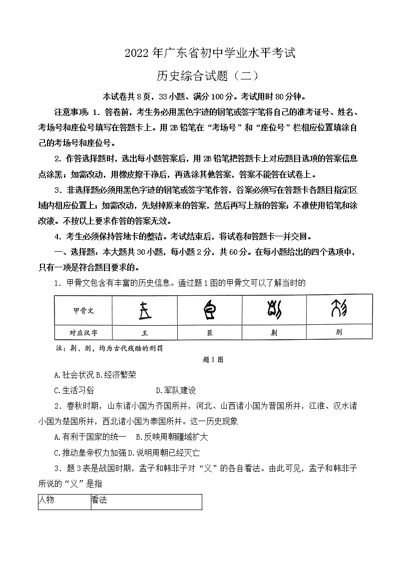 2022年广东省初中学业水平测试历史综合试题（二）（有答案）01