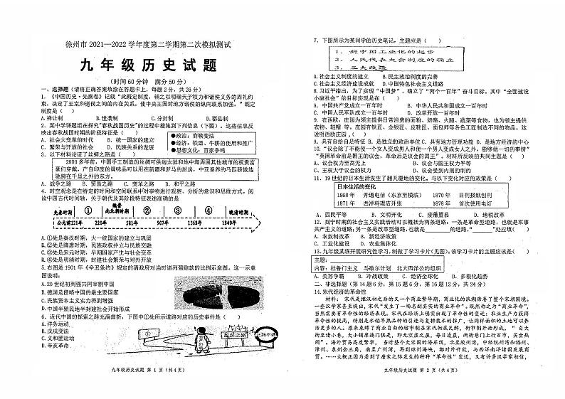 2022年江苏省徐州市树人初级中学中考二模历史试卷（无答案）01