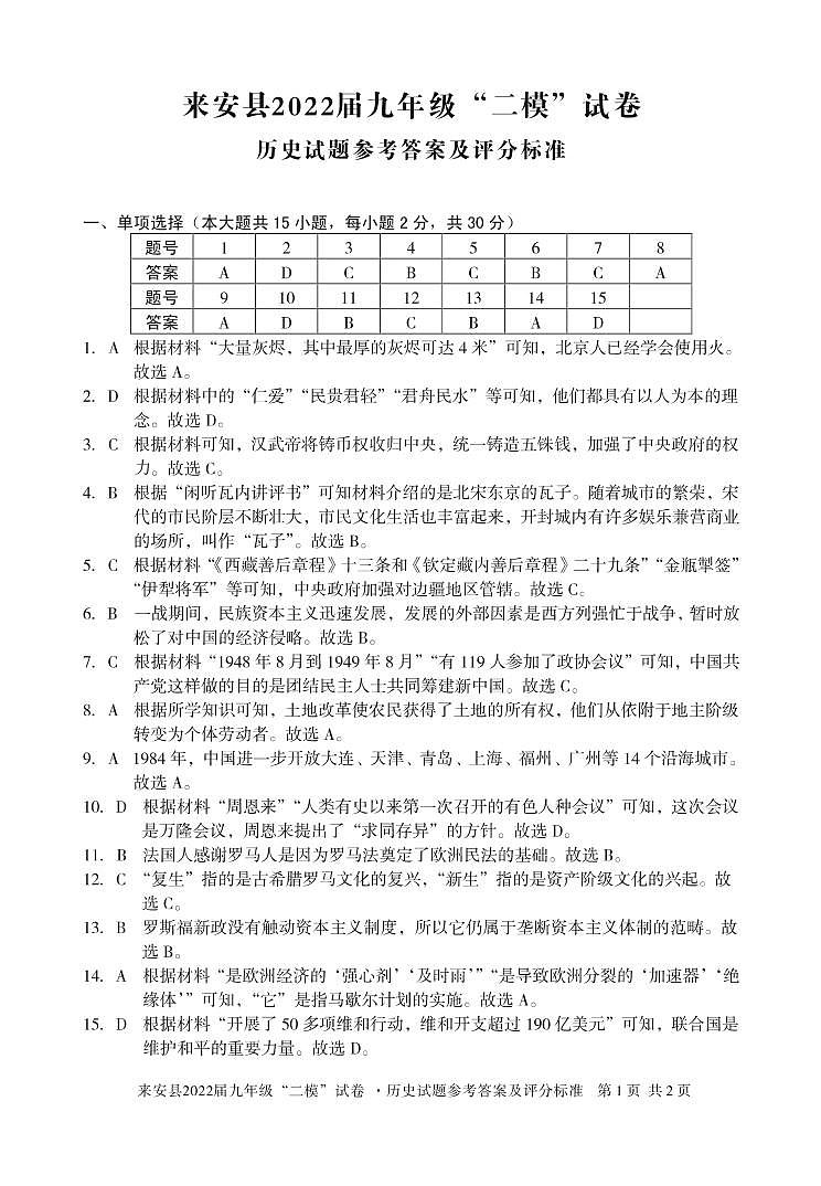 2022年安徽省滁州市来安县中考二模历史答案第1页