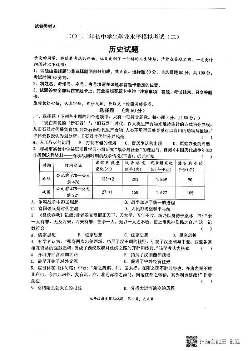 2022年山东省聊城市高唐县中考二模历史试题（有答案）01