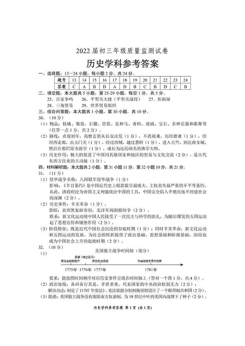 贵州省长顺县广顺中学2021-2022学年九年级下学期第三次模拟文综历史试题01