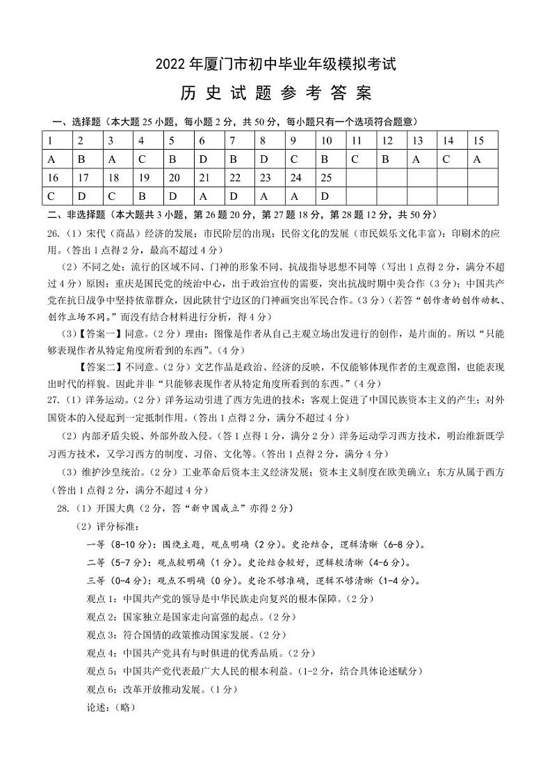 2022年5月厦门市初中毕业班教学质量检测历史参考答案第1页
