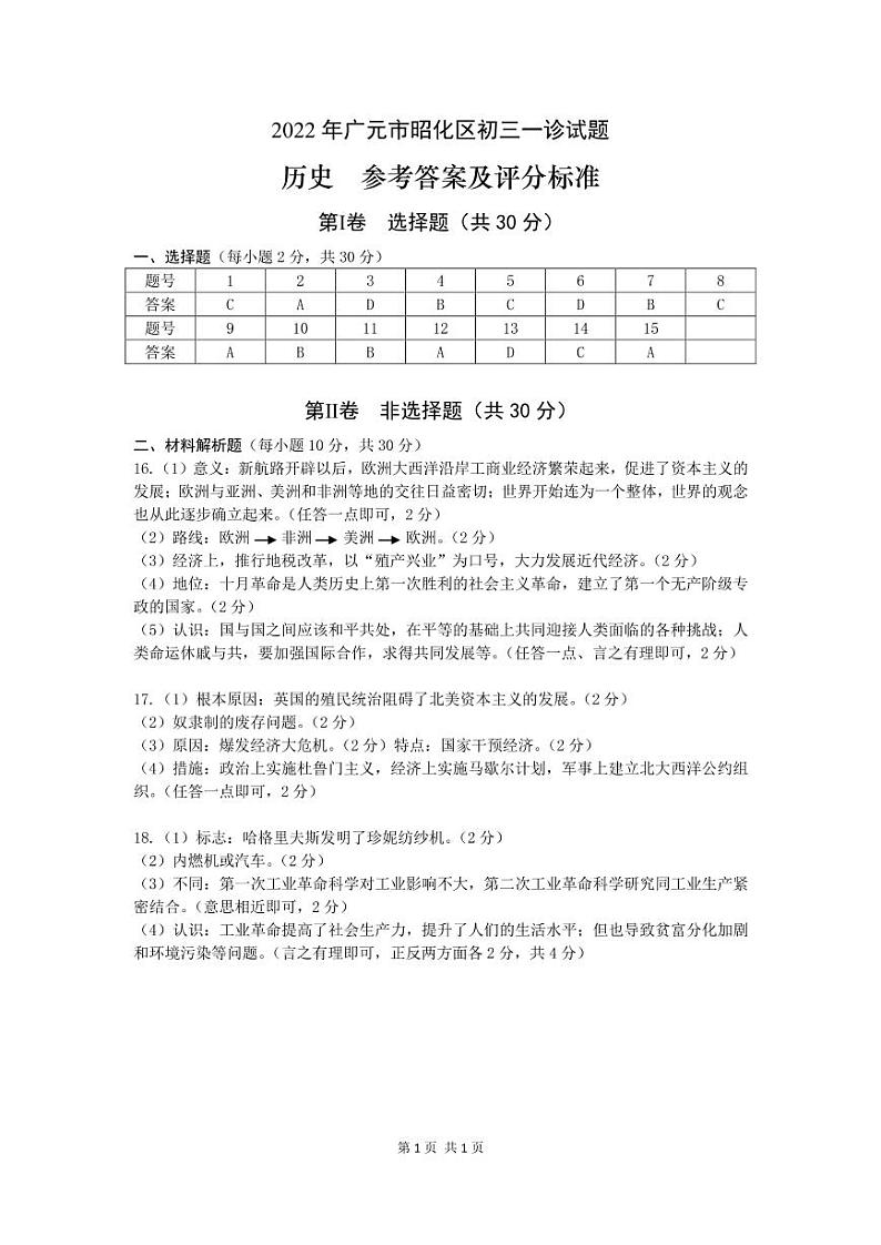 2022年四川省广元市昭化区九年级一诊历史试题01