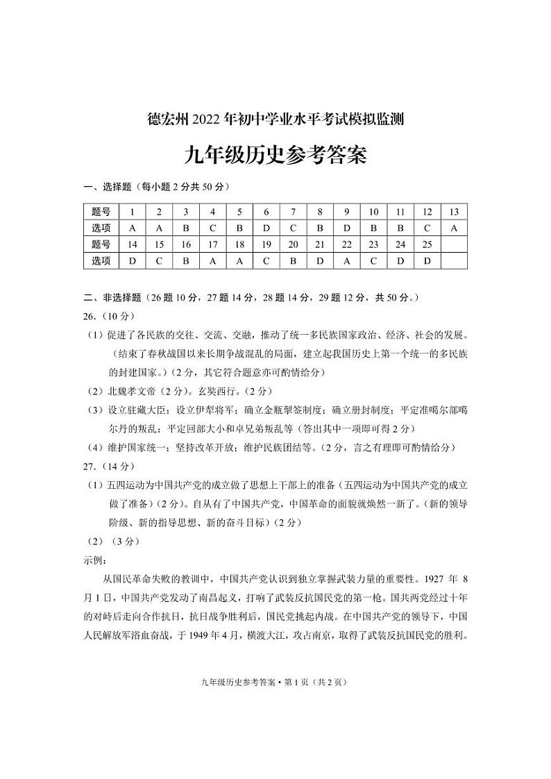 2022年云南省德宏州初中学业水平考试模拟监测历史试题01