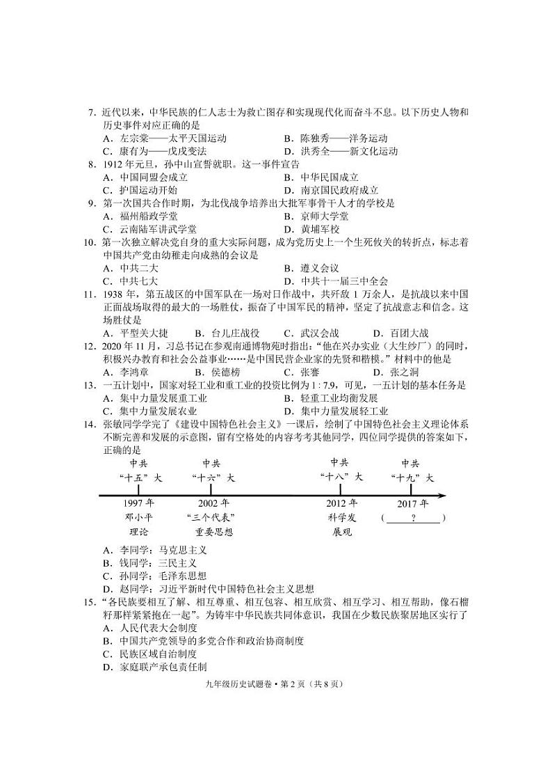 2022年云南省德宏州初中学业水平考试模拟监测历史试题02