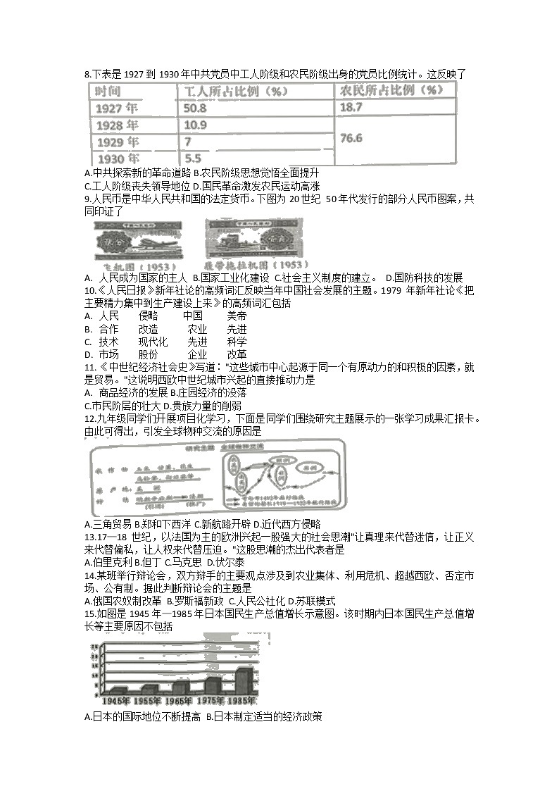 安徽省合肥市肥东县2022年部编版九年级下册教学质量检测历史（开卷）（有答案）第2页