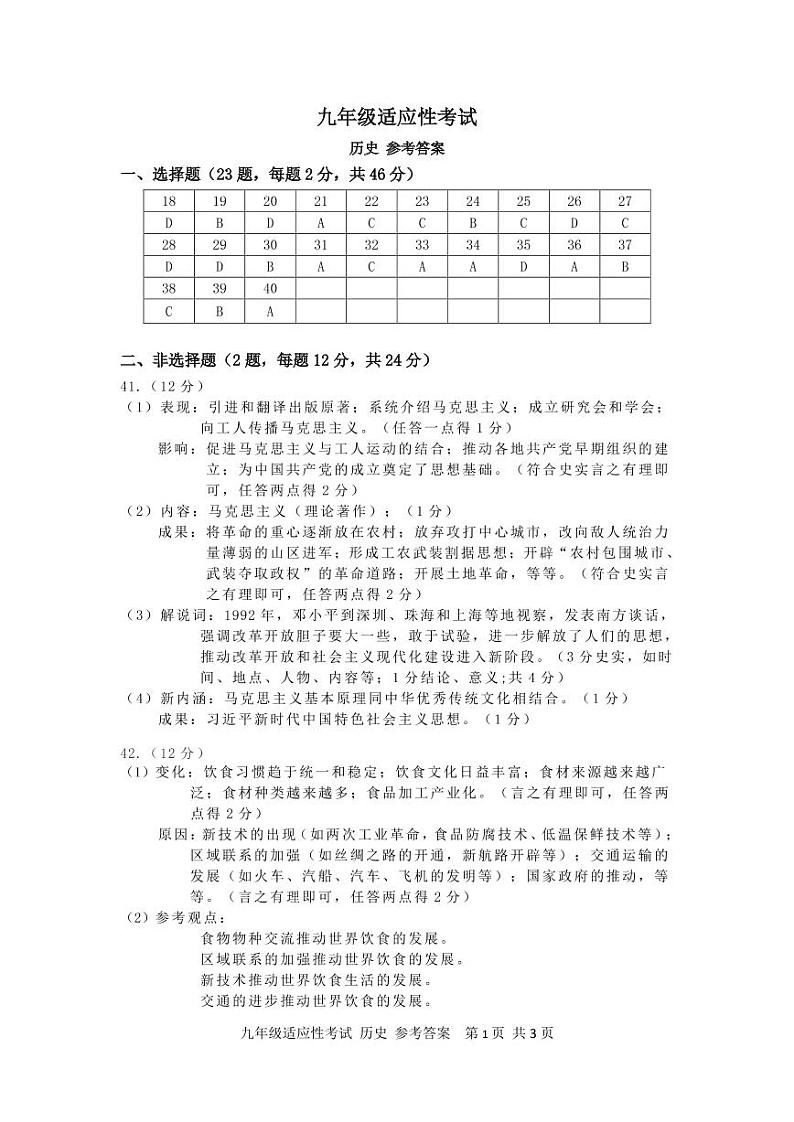 2022年广东省深圳市福田区九年级5月教学质量检测（二模）历史卷及答案（图片版）01