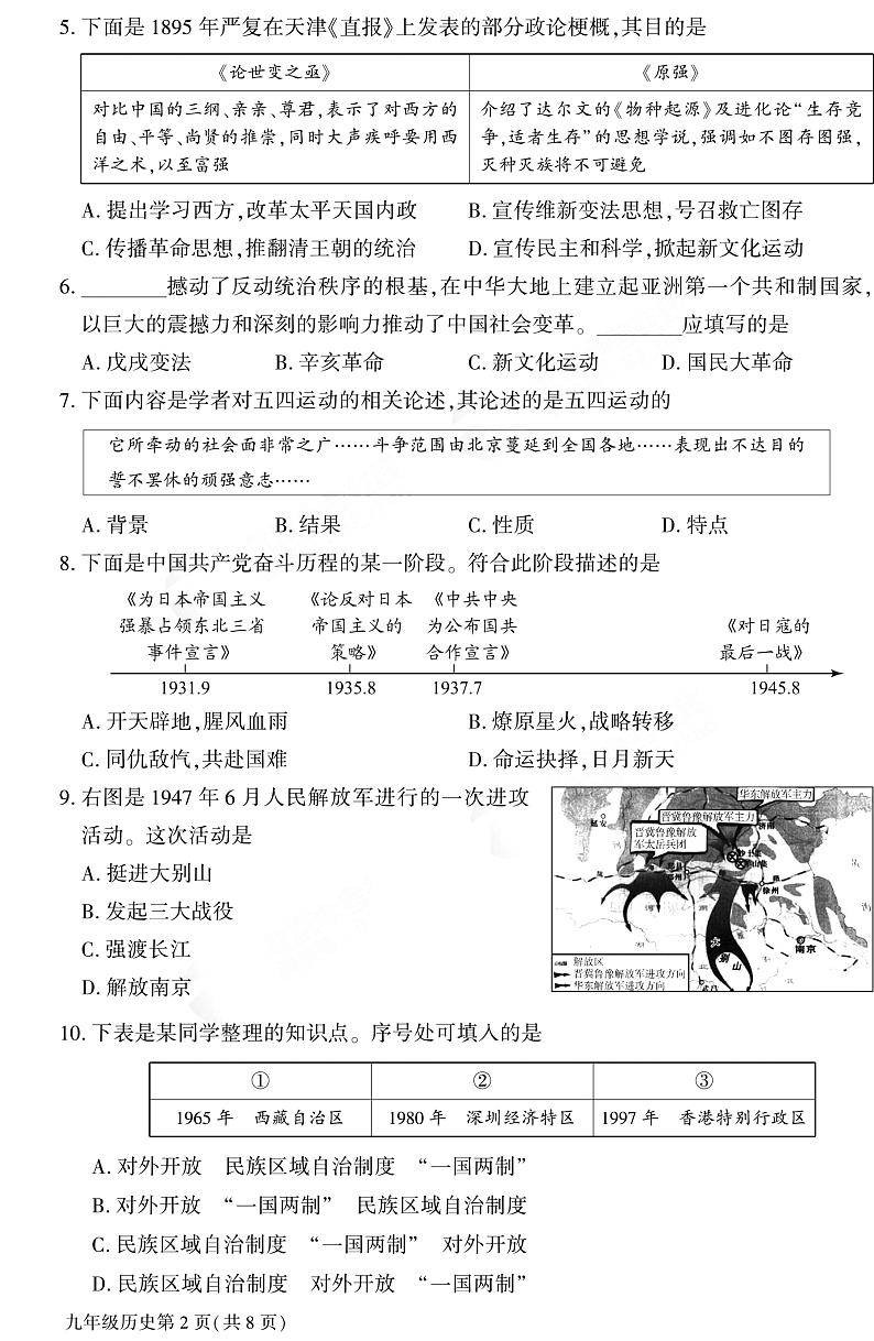 2022北京市大兴区初三一模历史试卷无答案02