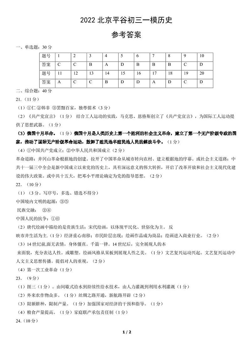 2022年北京市平谷区九年级一模历史试题（有答案）01