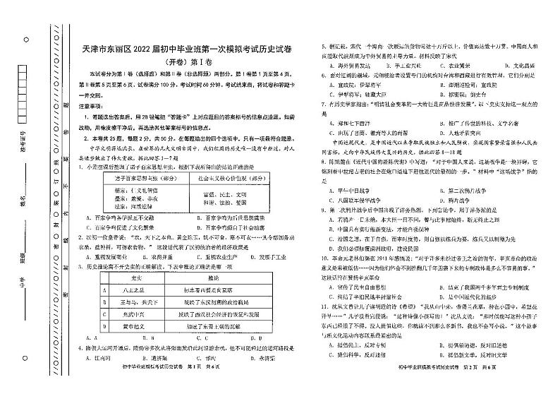 2022年天津市东丽区初中毕业班第一次模拟考试历史试题（无答案）01