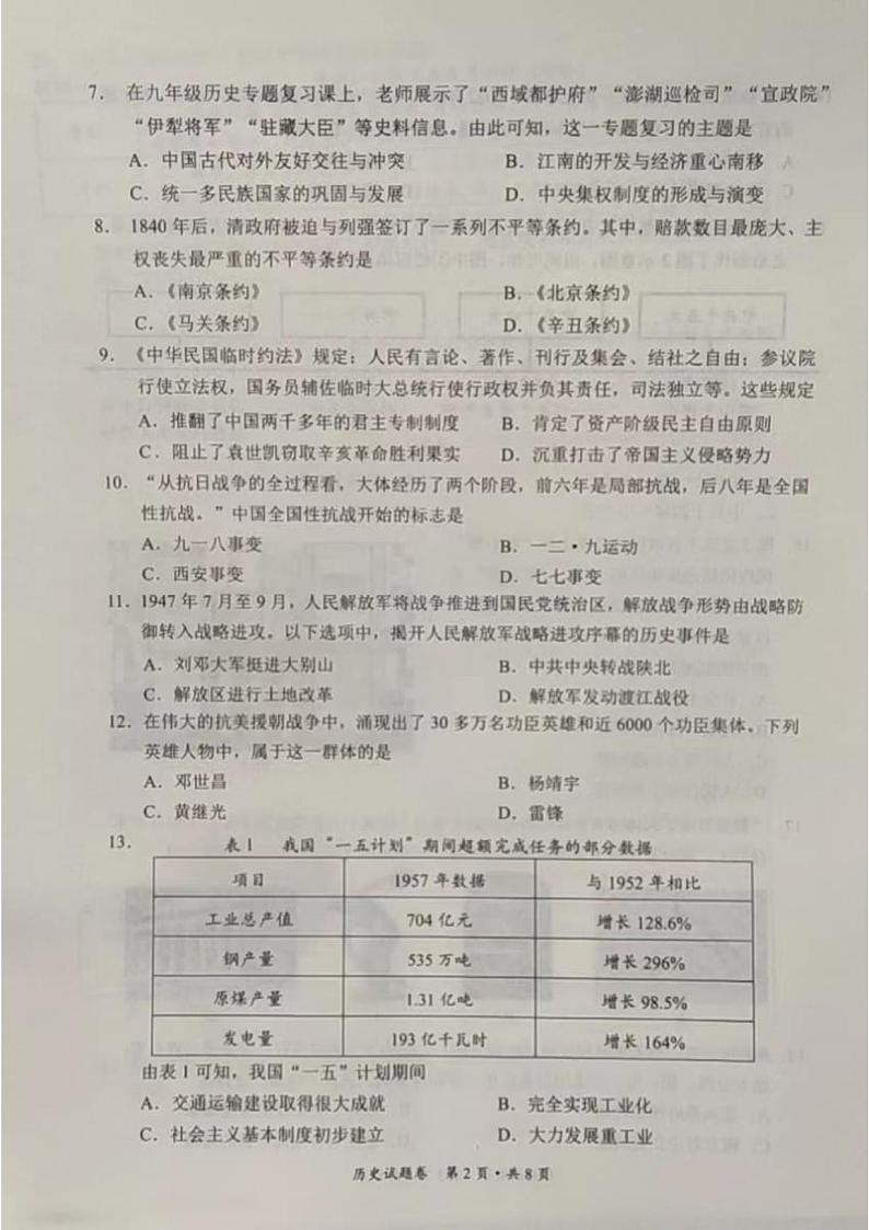昆明市官渡区2022年九年级二模历史试卷第2页