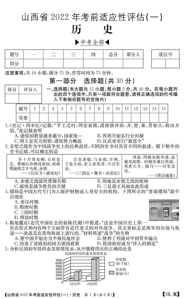 2022年山西省九年级历史适应性考试试题（一）（无答案）第1页