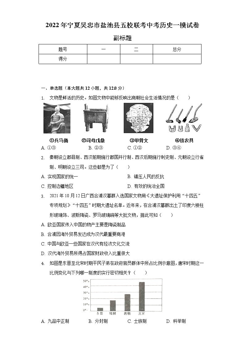 2022年宁夏吴忠市盐池县五校联考中考历史一模试卷（含解析）第1页