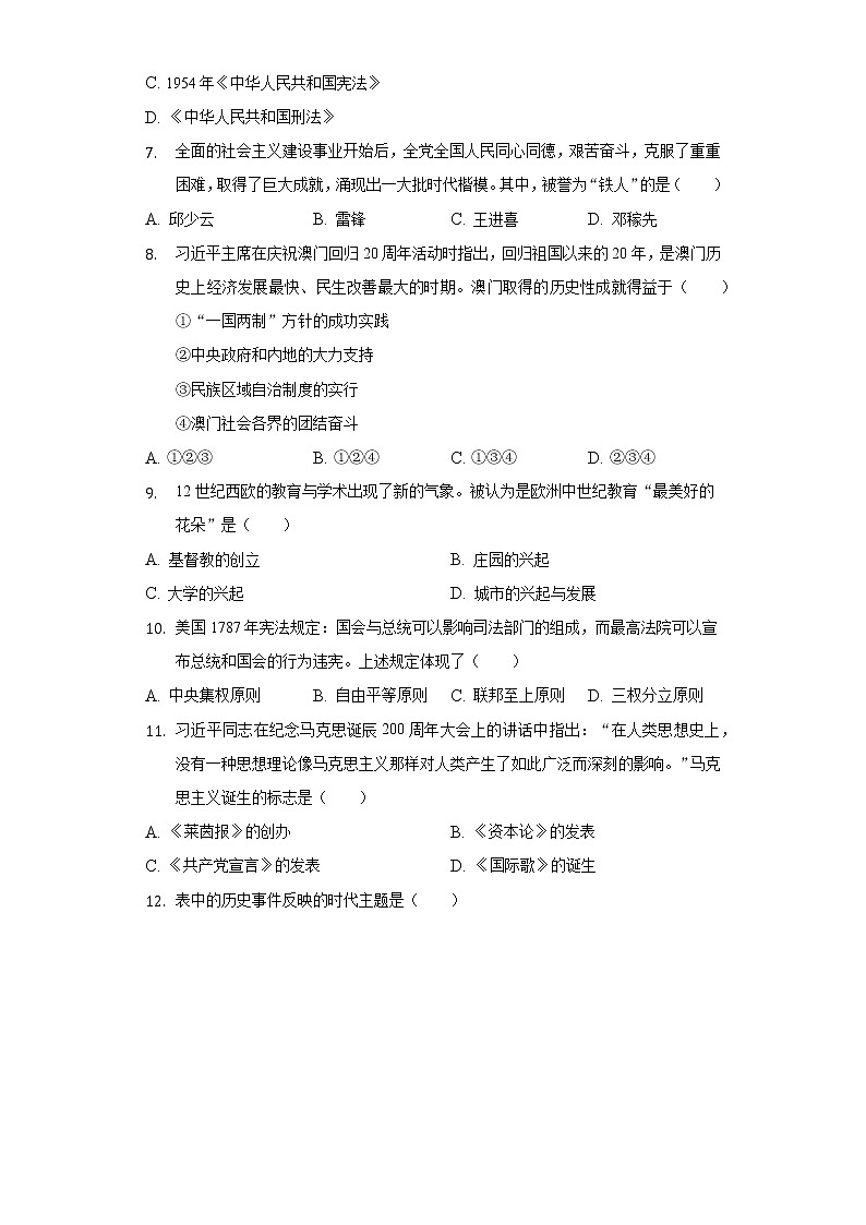 2022年贵州省毕节市中考历史一模试卷（含解析）02