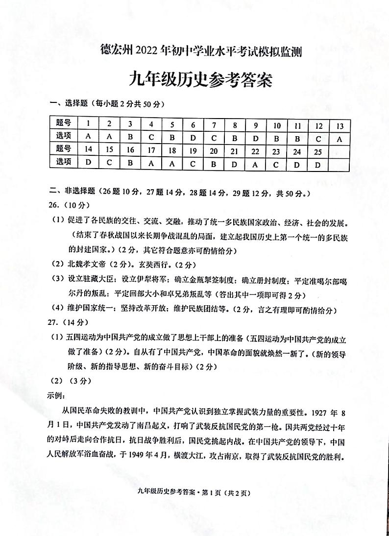 德宏州2022年初中学业水平考试模拟监测（历史参考答案）第1页