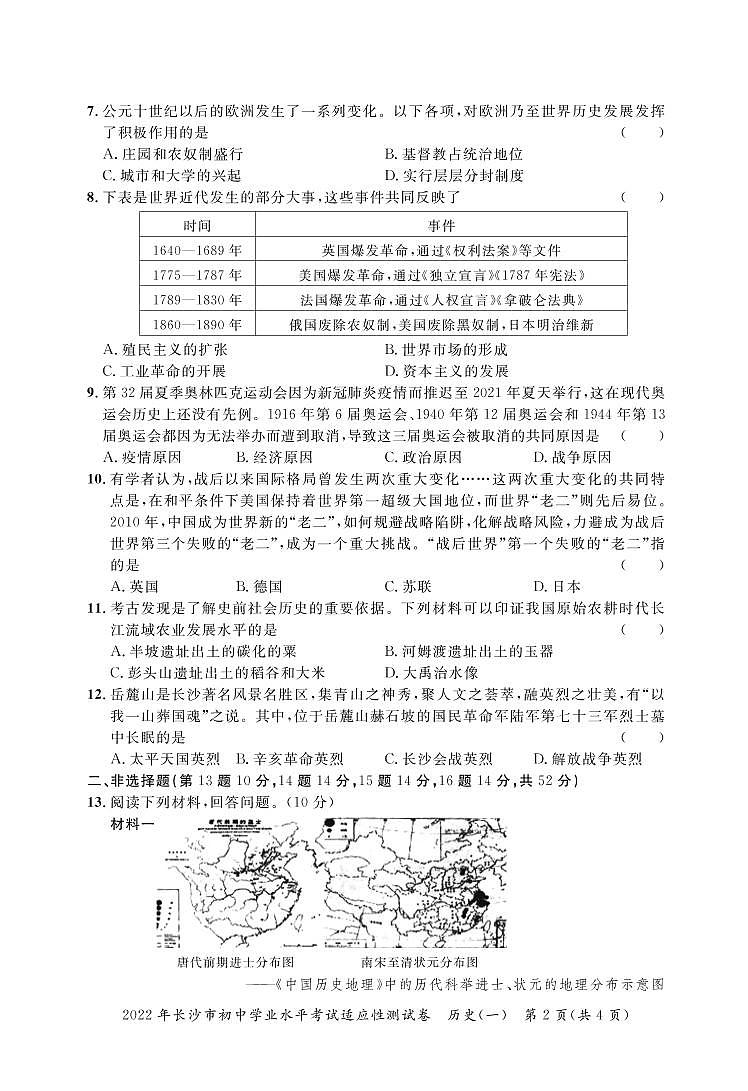 2022年湖南省长沙市初中学业水平考试适应性测试历史试题+（一）02