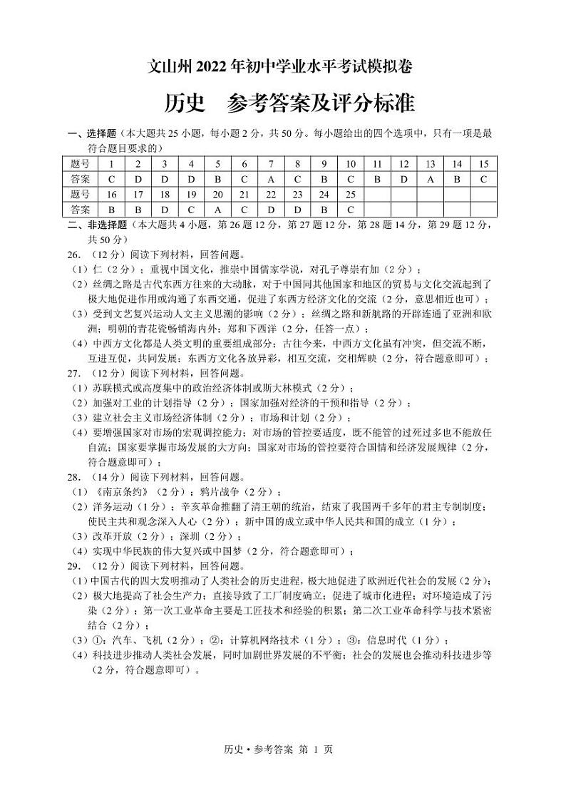 文山 模拟 历史 答案第1页
