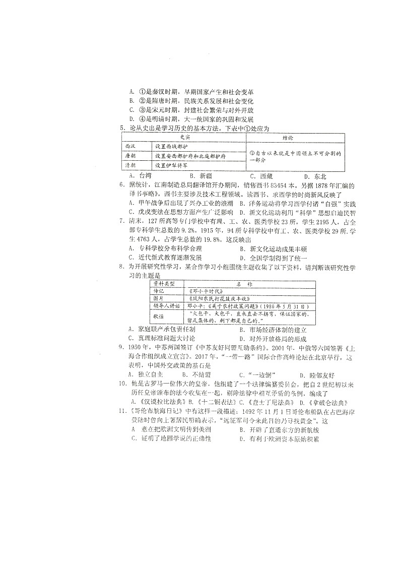 2022年山西省中考考前适应性训练历史试题02