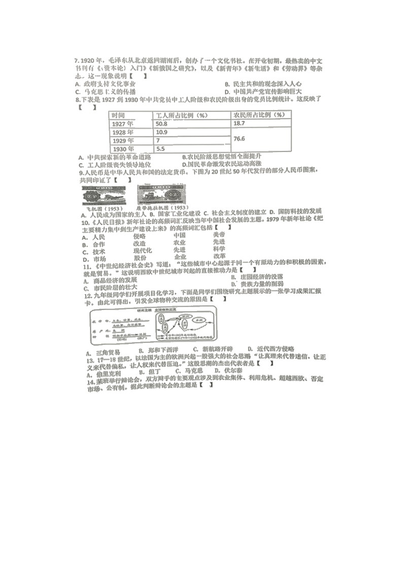 2022年安徽省合肥市肥东县九年级教学质量检测历史（开卷）02